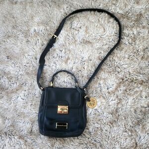 Christian Lacroix Lucie Crossbody Camera Bag Black Faux Leather Gold Lock Detail